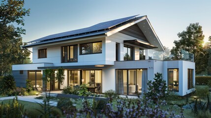 contemporary suburban home with a focus on energy efficiency, featuring triple-pane windows and a solar-paneled roof