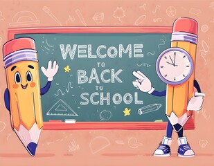 Back to school greeting in green 3D chalk board Doodle Style, Back to school text template design 