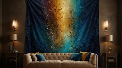 Elegant living room featuring a large, vibrant tapestry of abstract forest foliage in rich blues, golds, and oranges, enhancing the cozy atmosphere.
