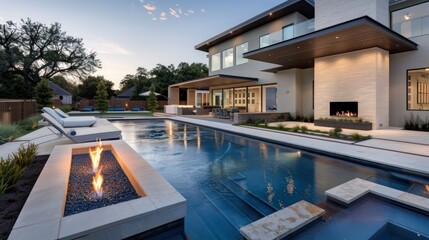 Fototapeta premium contemporary suburban home with a focus on outdoor living, featuring a modern pool, spa area, and a fire pit for year-round enjoyment