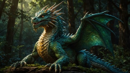 A stunning image of a majestic green dragon perched in an enchanted forest, illuminated by soft, mystical light.
