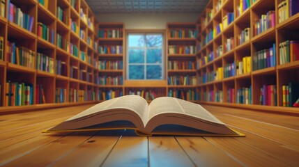 Fototapeta premium An open book lies on the polished wooden floor of a modern, spacious library filled with colorful books on shelves, radiating an atmosphere of contemporary knowledge and exploration.