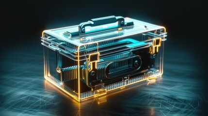 A transparent toolbox with neon glowing edges, showcasing a modern and high-tech design, perfect for futuristic-themed projects or showcasing advanced technology.