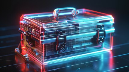 A clear tool case outfitted with dynamic lighting in a red and blue color scheme, representing the future of storage solutions with a sleek, modern aesthetic.