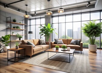 Fototapeta premium Spacious modern office boasts sleek couch, paired coffee tables, and lush potted plant, surrounded by plenty of natural light and sleek minimalist decor.