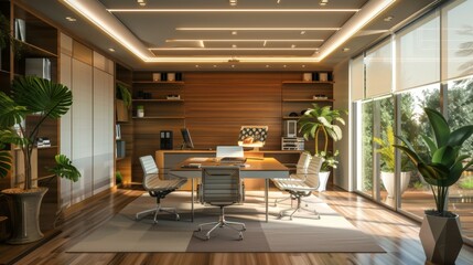 Fototapeta premium A sophisticated office setting blending modern and classic design elements, featuring a large wooden desk, ergonomic chairs, stylish shelving, indoor plants, and ample natural light.