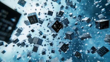 An energetic display of black and blue digital blocks, dispersed and fragmented in a chaotic manner, seemingly suspended in mid-air, representing the tumultuous nature of data and technology.