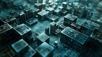 A digital rendering showcases a futuristic cityscape with block-shaped buildings, intricate details, and a grid-like background, representing advanced technology and innovation.