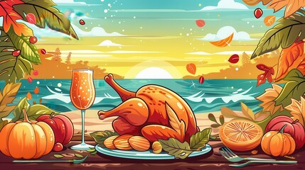 A Thanksgiving dinner with a turkey, orange slices, and a glass of wine