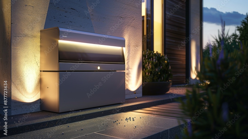 Poster a silver smart package delivery box sits on a step in front of a modern home at night. the box is il
