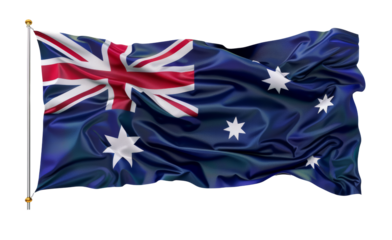 Waving Australian flag on a flagpole, featuring Union Jack and white stars on blue field