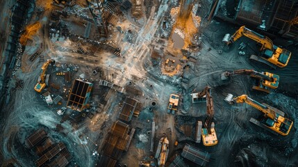 A construction site with many yellow and orange construction vehicles