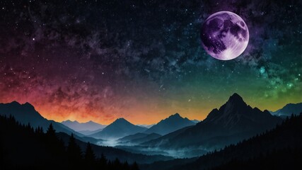 A vibrant night sky with a colorful full moon and star-filled backdrop illuminates a serene mountain range and forest.
