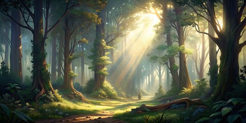 Forest scenery with soft light streaming through