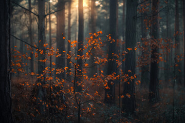 Obraz premium Autumn forest with orange leaves at dusk, serene woodland scene, atmospheric nature with copy space