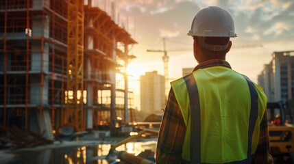 Obraz premium The construction worker at sunset