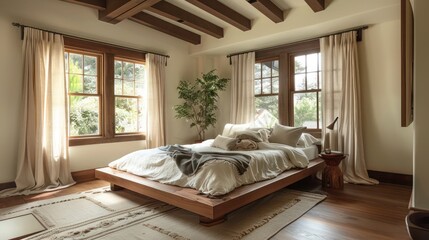 Craftsman-style bedroom with a beamed ceiling, a wooden platform bed, and linen curtains that filter the morning light
