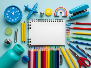3D Back to school Concept School supplies School backpack with stationery Background.
