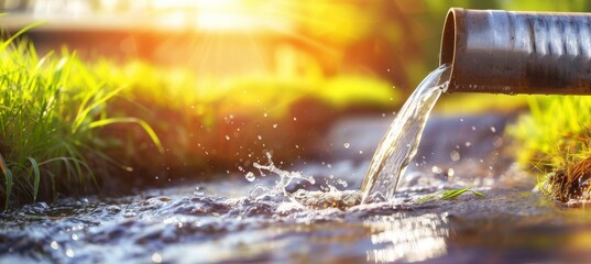 A pipe is pouring water into a stream, sewer concept