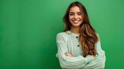 Fototapeta premium beautiful girl with arms crossed smiling at camera on green background