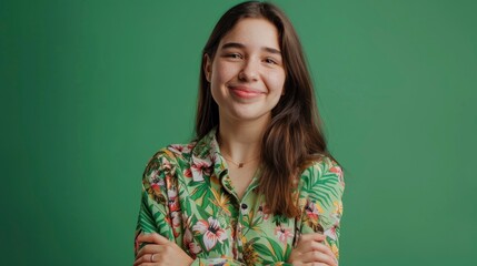 Fototapeta premium beautiful girl with arms crossed smiling at camera on green background