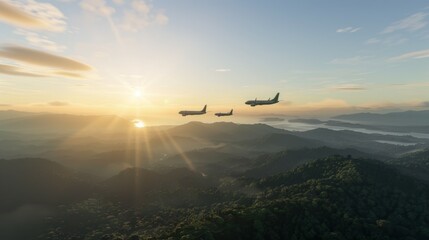 Fototapeta premium Three airplanes flying in the sky over a mountain range