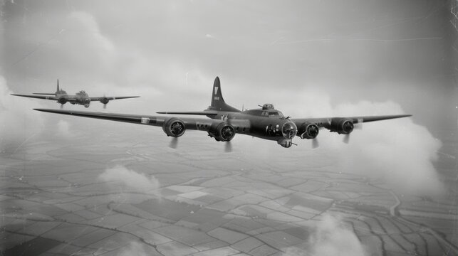 A black and white photo of a large bomber plane flying through the sky