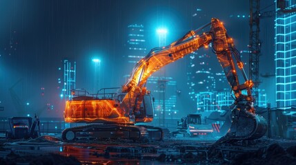 A large orange construction vehicle is driving through a city at night