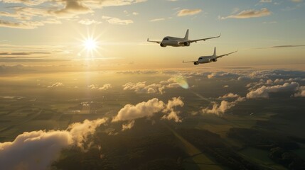 Fototapeta premium Two airplanes flying in the sky with a beautiful sunset in the background, backdrop
