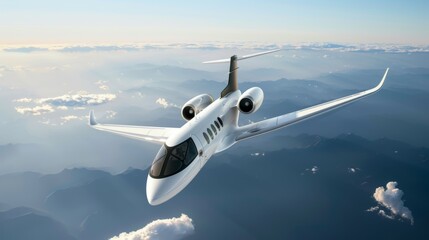 Fototapeta premium A white jet plane is flying through the sky with clouds in the background