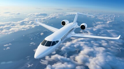 Fototapeta premium A white jet plane is flying through the sky with clouds in the background