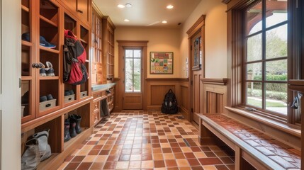 Obraz premium Craftsman-style mudroom with a tile floor, wooden cubbies for shoes and backpacks, and a bench for sitting