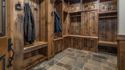 Craftsman-style mudroom with natural wood storage units, hooks for coats, and a rugged stone floor