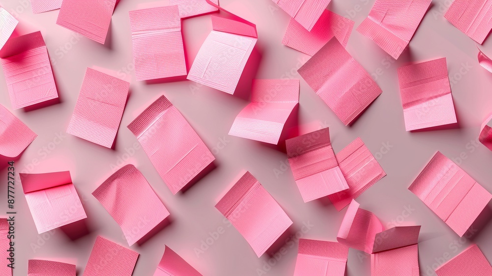 Poster explore a collection of pink sticky post-it notes in various sizes and orientations, creatively arra