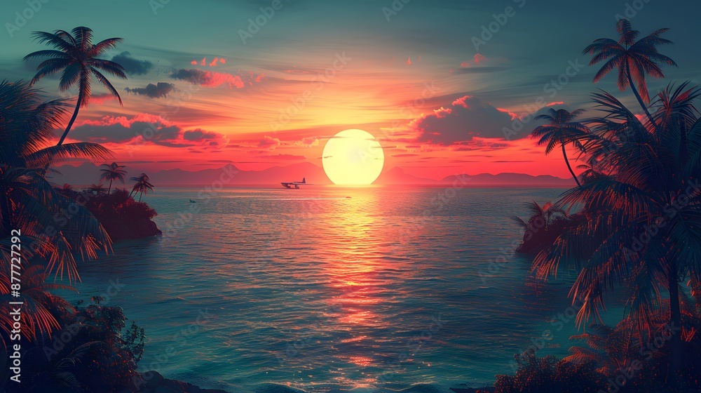 Poster a beautiful sunset over the ocean with palm trees in the background - generative ai