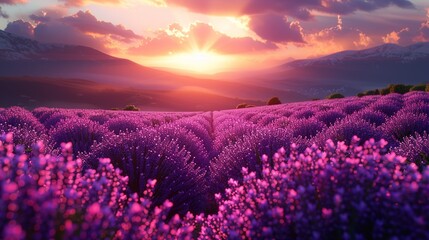 Fototapeta premium Lavender fields in bloom create a soothing and colorful landscape with rows of purple flowers stretching to the horizon ideal for calming and serene backgrounds Background Illustration, Bright color