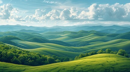 Fototapeta premium Lush green landscapes provide a refreshing and vibrant backdrop with verdant fields and rolling hills perfect for nature-themed projects and outdoor scenes Background Illustration, Bright color