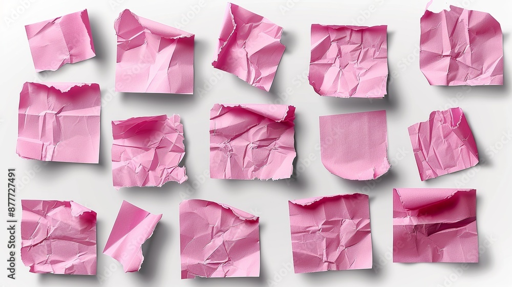 Poster explore a collection of pink sticky post-it notes in various sizes and orientations, creatively arra