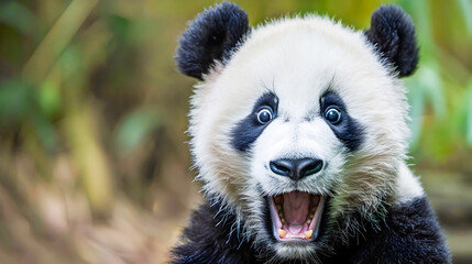 Obraz premium Closeup portrait of a surprised panda bear with an amazed impressed facial expression on a blurred natural green background