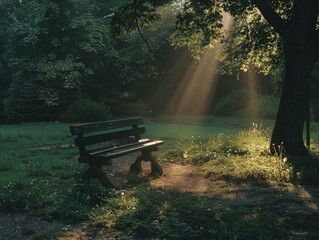 Obraz premium lonely bench in the forest at morning with dramatic ray of light - ai