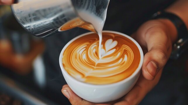 Detailed shot of latte art being crafted, focusing on the barista's skilled hand and the swirling milk creating a beautiful pattern..