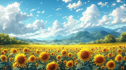 Obraz premium Sunflower fields in full bloom create a cheerful and bright landscape with golden hues and sunny skies ideal for uplifting and vibrant backgrounds Background Illustration, Bright color tones, ,