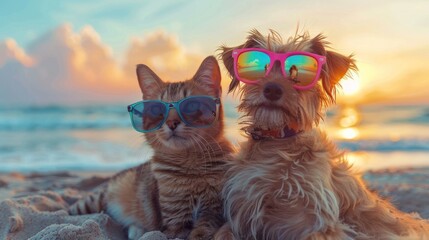 A cat and a dog are laying on the beach, both wearing sunglasses.