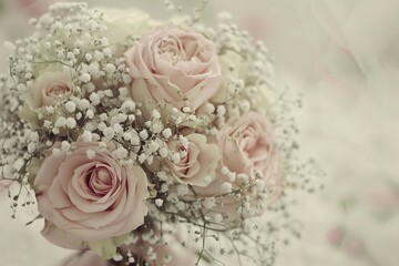 Obraz premium Elegant bouquet of soft pink roses and baby's breath flowers, perfect for wedding, romance, and celebration themes.