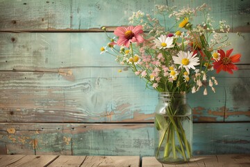 Rustic bouquet in a mason jar against a weathered wooden backdrop. Perfect for home decor, rustic weddings, and vintage themes.