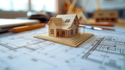 A wooden house model sits on architectural blueprints, symbolizing construction planning and design. scene conveys creativity and precision in building projects.
