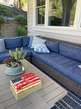 usa flag cake and outdoor couch