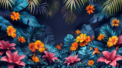 Tropical rainforest scenes depict the lush and vibrant landscapes of rainforests with diverse flora and fauna perfect for exotic and colorful backgrounds Background Illustration, Bright color tones,