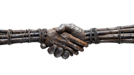 Hands made of metal bars shake hands on a transparent background