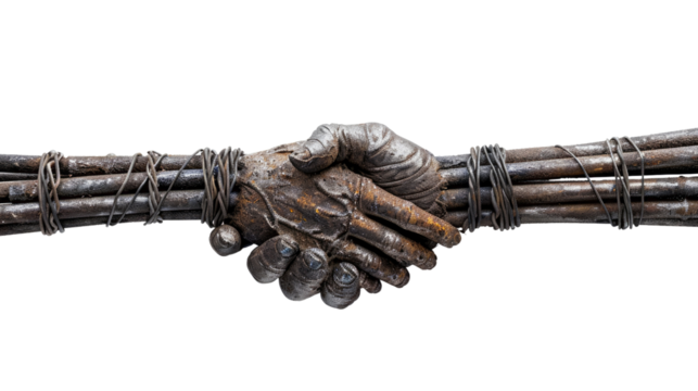 Hands made of metal bars shake hands on a transparent background